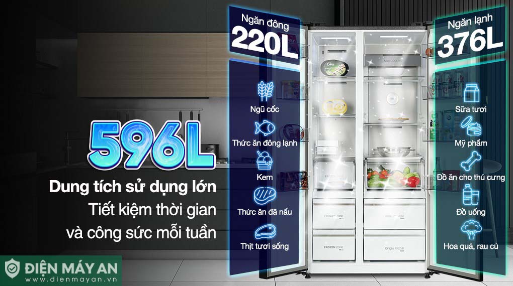 Tủ Lạnh Toshiba Inverter 596 Lít Side By Side GR-RS780WI-PGV(22)-XK - dung tích